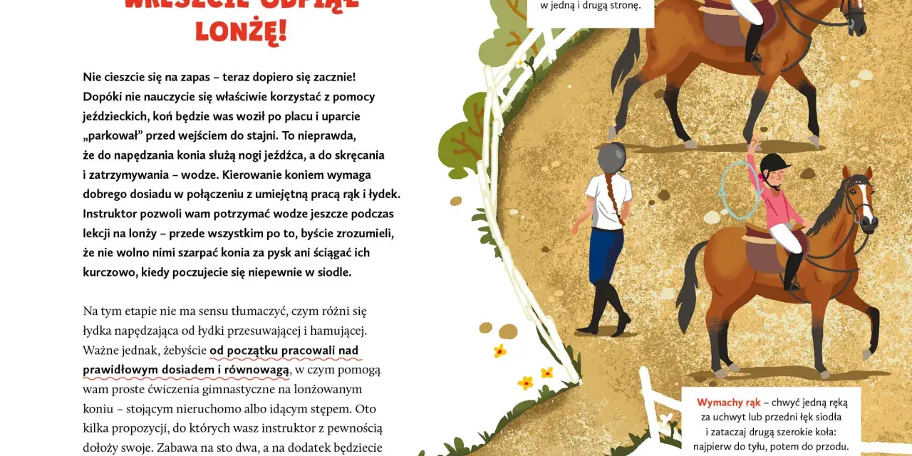 Ilustracja przedstawia dziewczynkę na koniu, ćwiczącą jazdę konną.