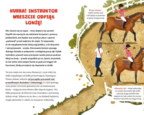 Ilustracja przedstawia dziewczynkę na koniu, ćwiczącą jazdę konną.