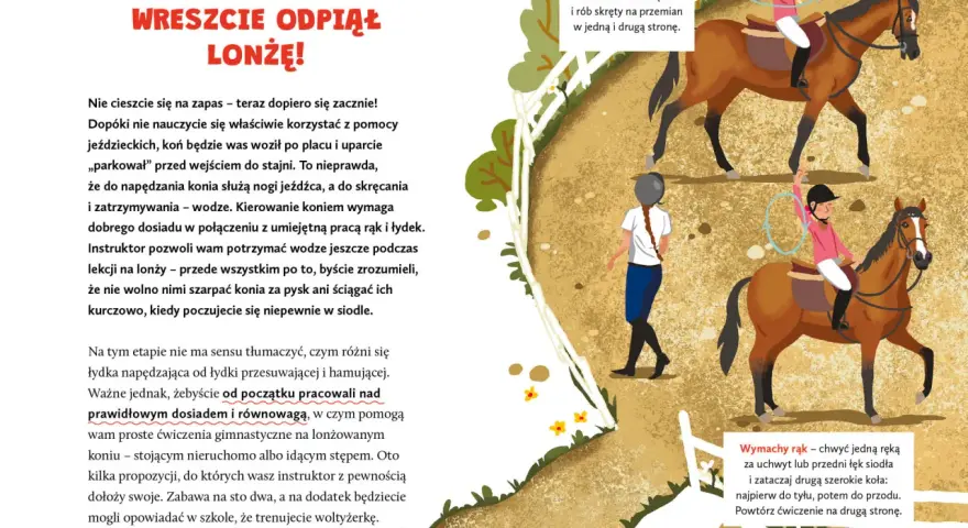 Ilustracja przedstawia dziewczynkę na koniu, ćwiczącą jazdę konną.